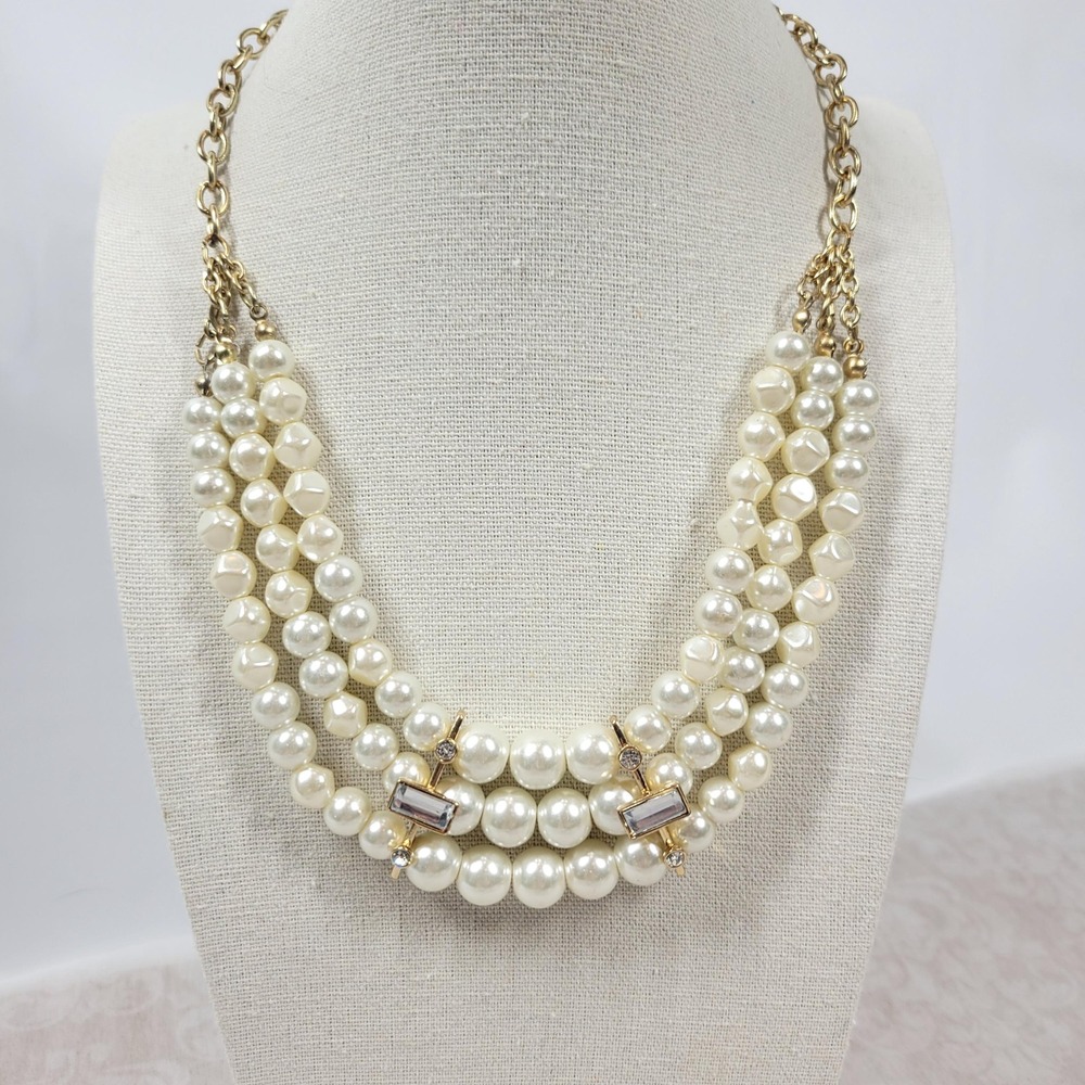 Vintage 90s Multi Strand Faux Pearl Choker Necklace Gold Tone Statement Collar